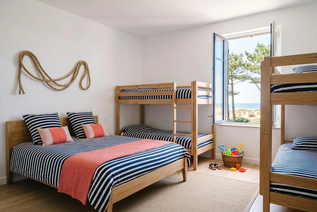 Chambre Familiale — la chambre Familiale : lit double, lits superposés en bois et fenêtre sur les pins et la plage