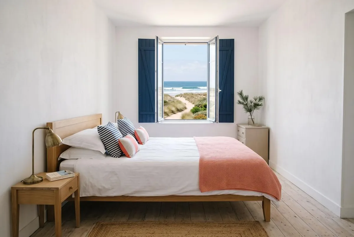 Chambre Double vue dunes — la chambre Double vue dunes : lit de 160, volets bleu marine ouverts sur le chemin sableux et la mer
