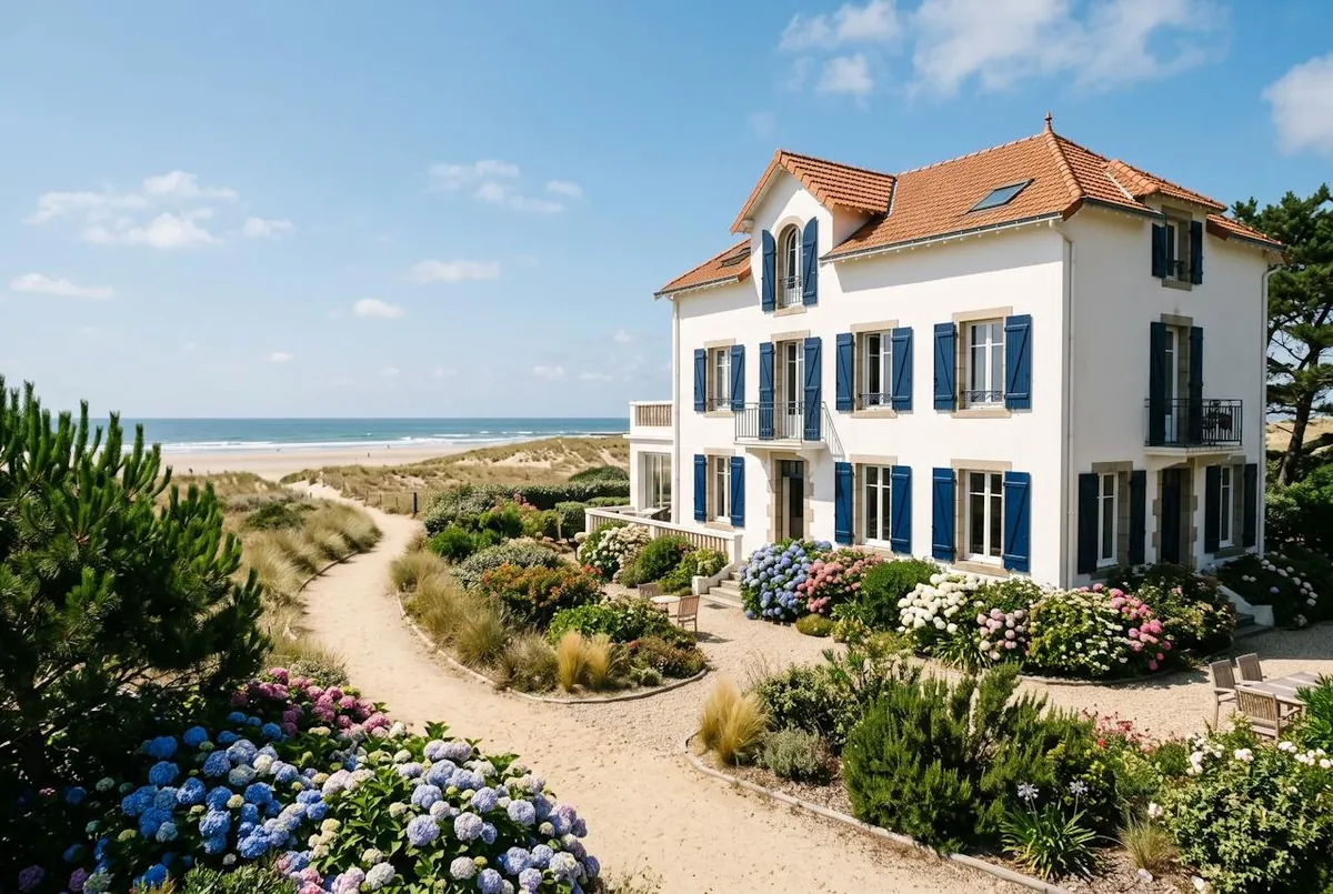 la villa blanche aux volets bleu marine, ses hortensias et le chemin de sable vers la plage