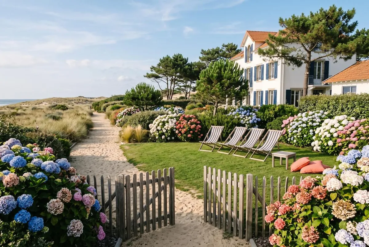 Le jardin et les dunes — le jardin d'hortensias, ses transats rayés et la barrière sur le chemin des dunes