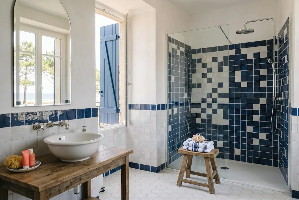 Chambre Double Jardin — une salle de bain de la maison : carrelage bleu et blanc, douche à l'italienne et vasque sur une table en bois